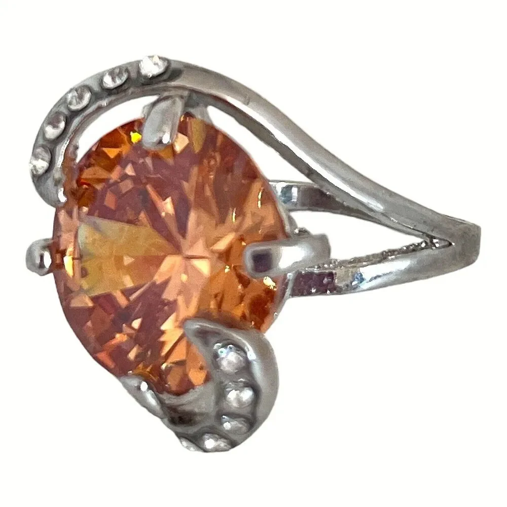 Vintage 1980s Orange Crystal Statement Ring Rhinestone Silver Tone Size 7 - 5Z